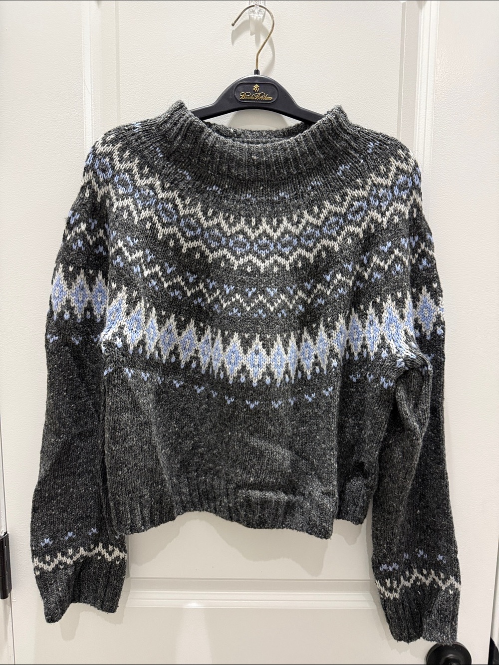 J. Crew Charcoal Fair Isle Wool Turtleneck Sweater with Light Blue & White